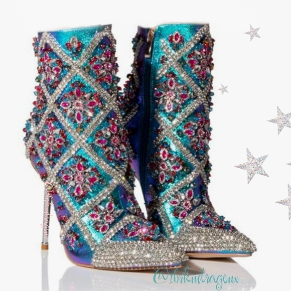 Azalea Wang Iridescent Art Deco Crystal Beaded Dress Stiletto Booties - Picture 10 of 17